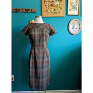 Vintage 60s plaid pencil sheath dress fall neutral size small dark academia